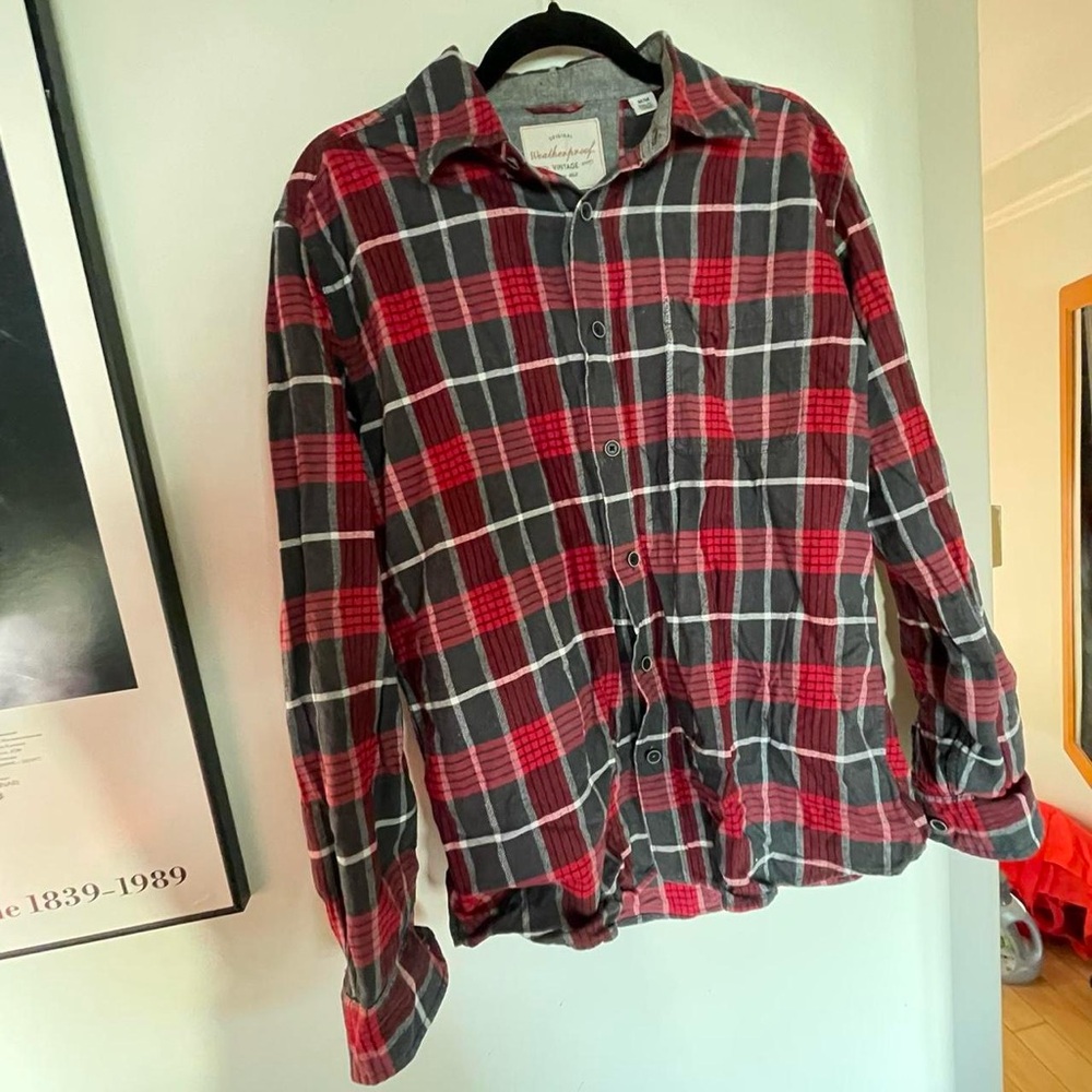 Original vintage Red, white, and gray plaid flannel shirt